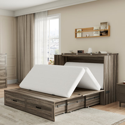 Full Size Farmhouse Wood Murphy Chest Bed, Space-Saving Hidden Folding Storage Cabinet Bed with Drawer & Built-In Charging Station for Bedroom & Office