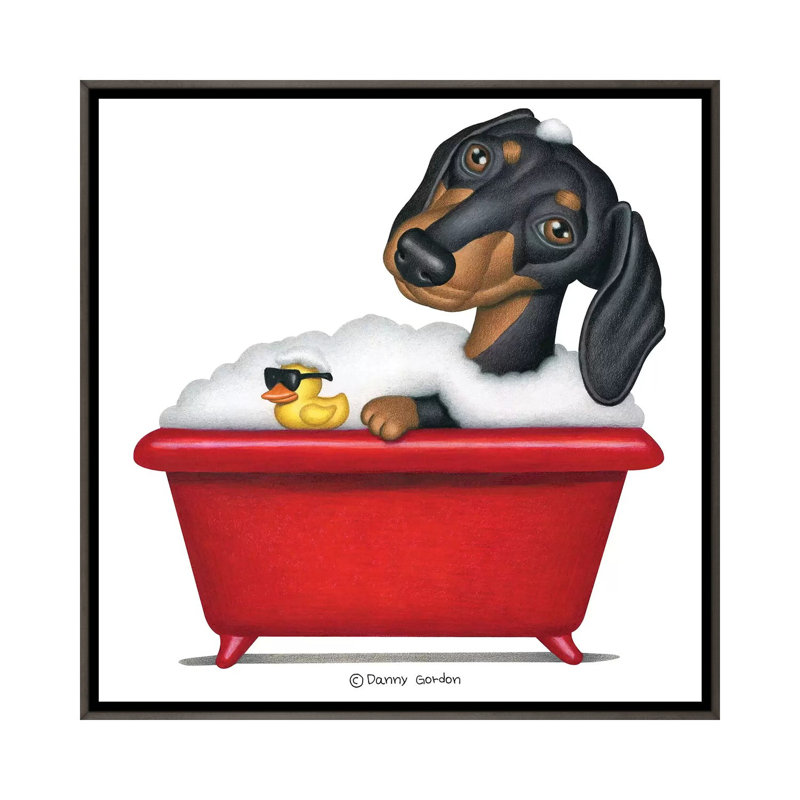 «Black Dachshund in Red Tub» par Danny Gordon - impression d'art graphique, H 18 po x l 18 po x 1,5 po, Pas de tapis