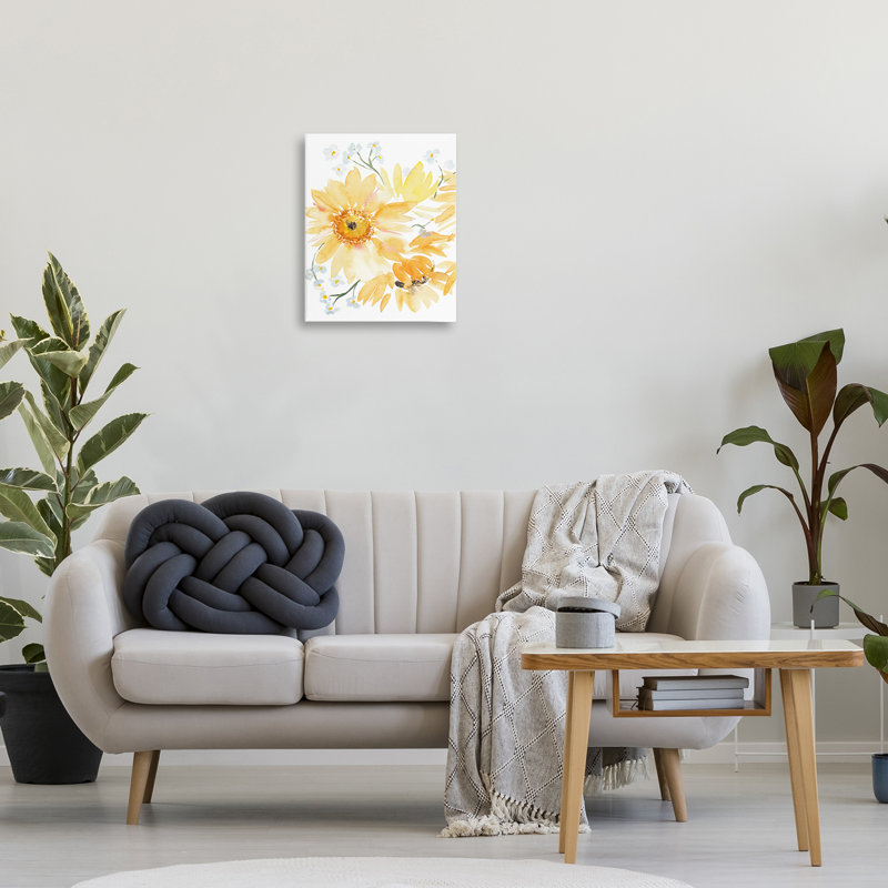 Art mural jaune avec fleurs brossées jaunes par Amanda Cook, H 20 po x l 16 po