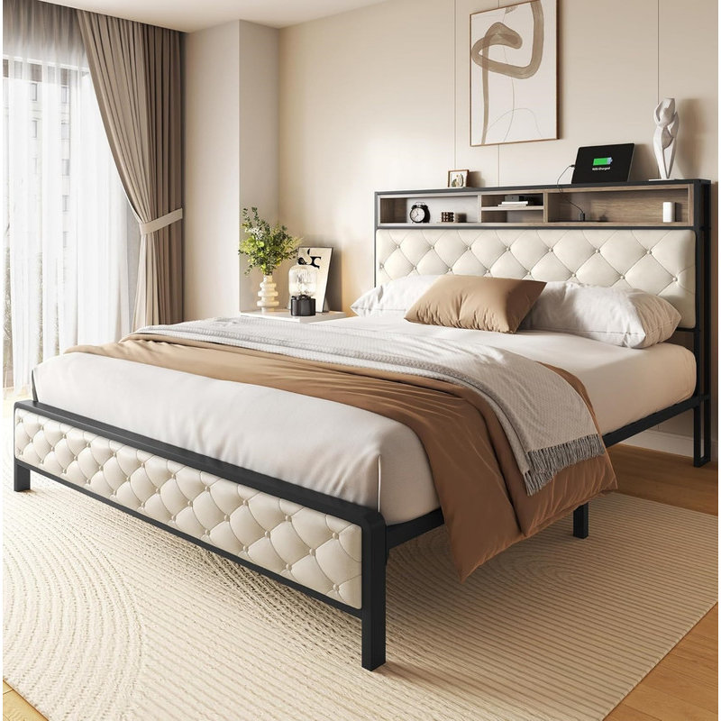 Queen Size Bed Frame, Platform Bed Frame with Charging Station, Upholstered Storage Headboard & Footboard Metal Slats Supports Mattress Foundation, No Box Spring Needed, Beige(No Drawers)