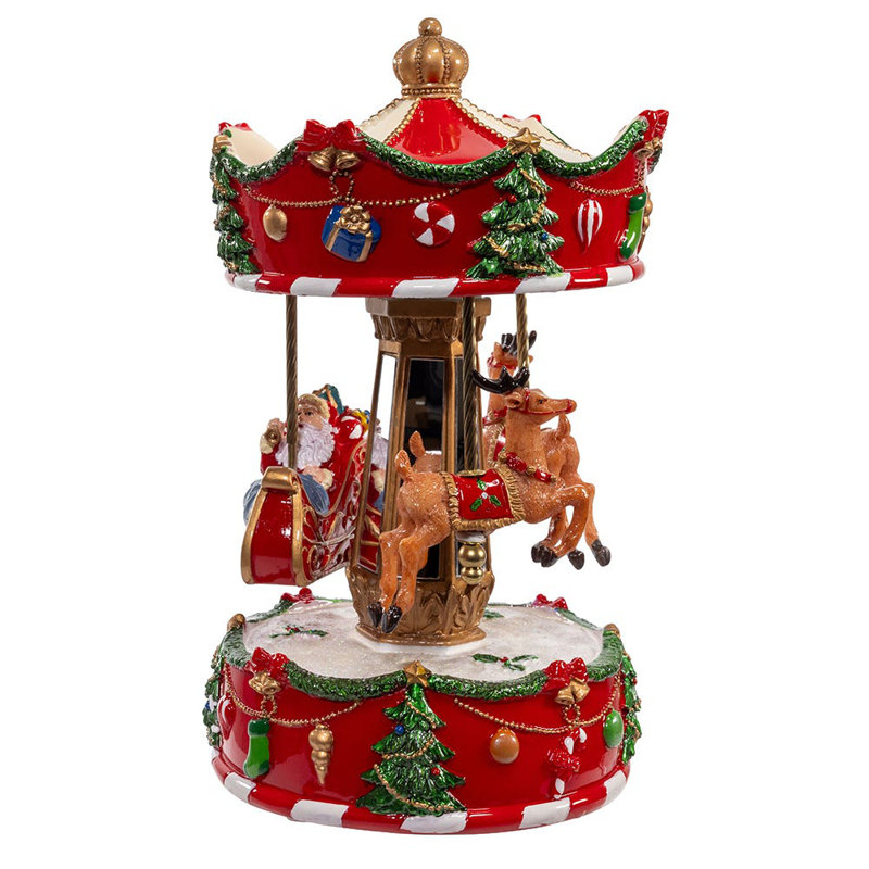 Red Pinewood Musical Wind-Up Christmas Carousel Table Piece