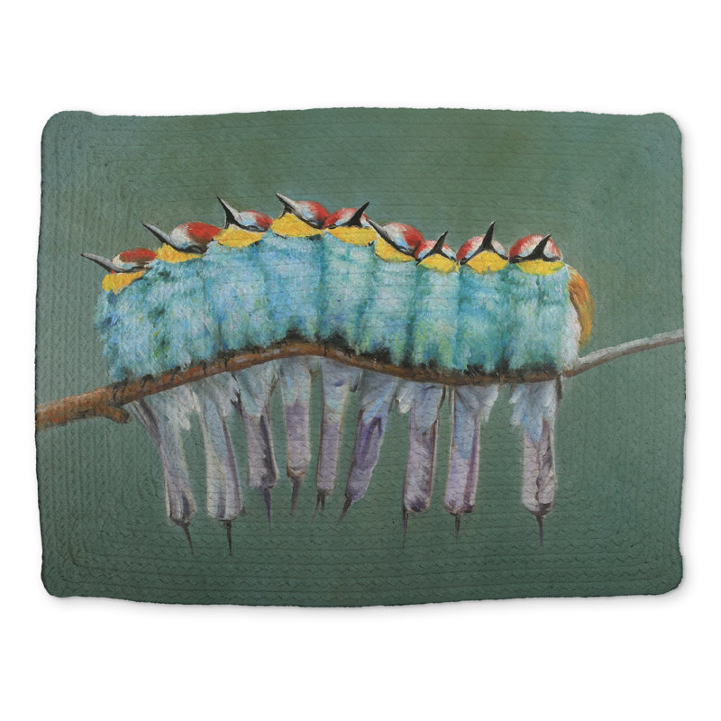 Green Bird Hyperrealist Polyester Placemat - Birds on Branch Decor