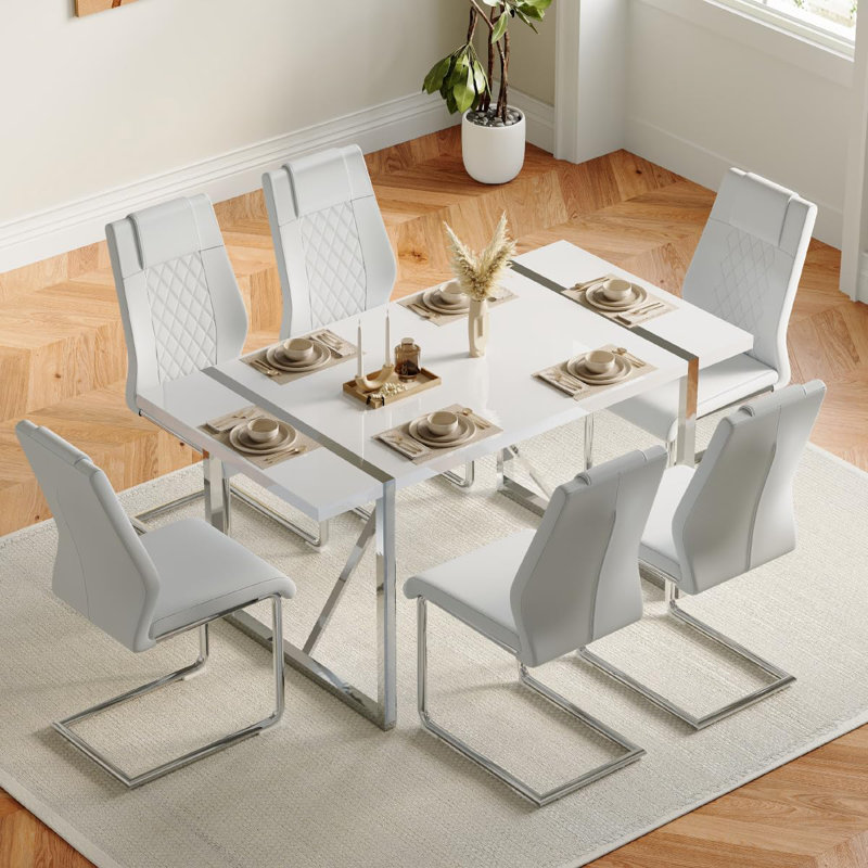 Minday Double Pedestal Dining Set, White/Silver, Silver, 7