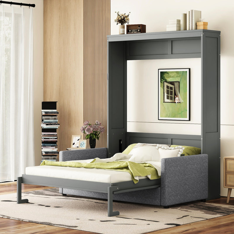 Grand lit gris avec coussin, multifonctionnel pour le confort et l'efficacité de l'espace, rangement pour garder la zone bien rangée, fonction de sommeil confortable de la taille du matériau, - économie de petite taille, fabrication en contreplaqué
