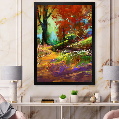 Forêt d'automne en rouge, vert et orange - Peinture sur toile