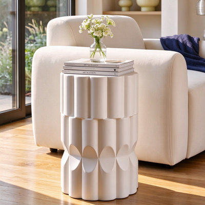 Wade Logan Cassian Round MGO End Table, 13" Handcrafted Geometric Drum Side Table for Indoor and Outdoor Use, Matte White Sculptural Accent Table for Living Room Patio Balcony, No Assembly