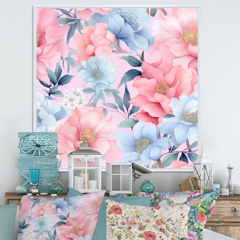 «Rose and Blue Petunia On White I», reproduction sur toile, H 16 po x l 16 po x P 1 po, Cadre flottant blanc