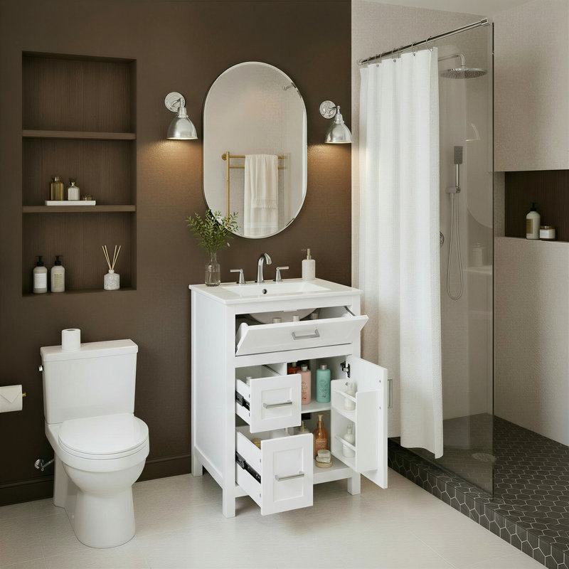 Meuble-lavabo 24 po avec lavabo en céramique, structure en bois massif, 1 porte, 3 tiroirs et support de rangement
