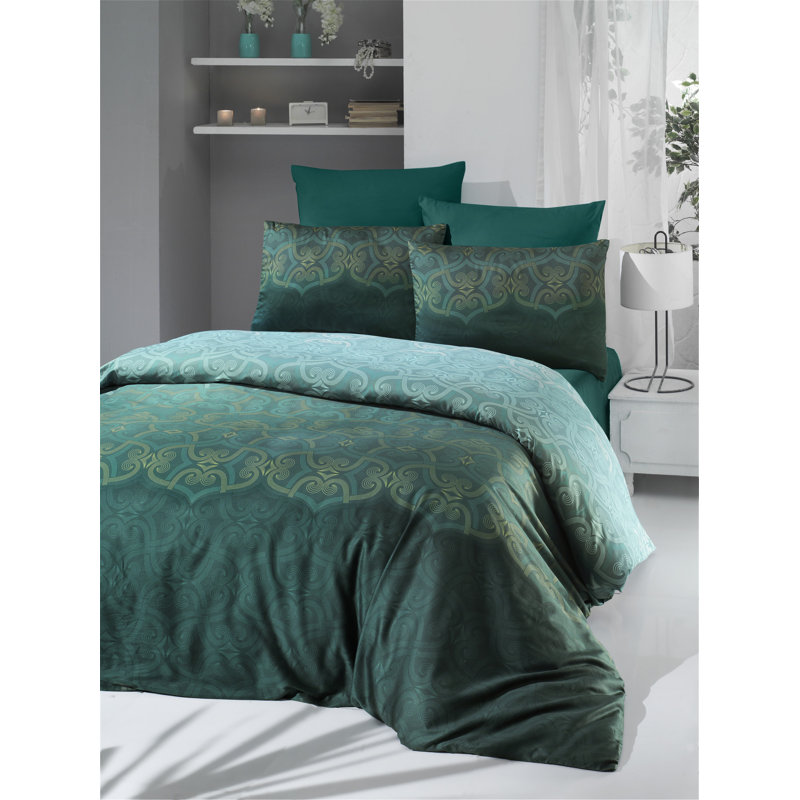 Quade 100% Cotton Duvet Cover Set, Green/White/Yellow, King Duvet Cover + 2 King Pillowcases