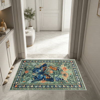Tapis à motif floral Green Green Butterfly pour le salon, doux et confortable, convient à toutes les saisons, facile à entretenir, tapis de sol intérieur lavable à la machine, sous la table de ferme convenant à la chambre à coucher, à la salle à manger, au bureau, au patio, au balcon, à la décoration intérieure
