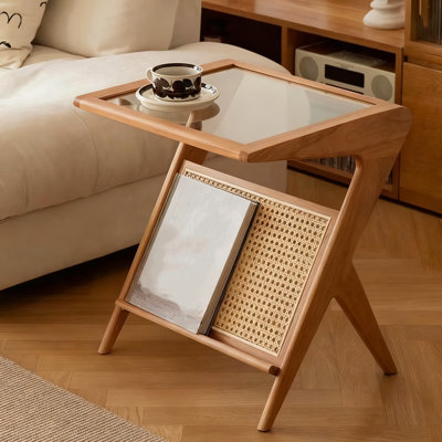 Z-Shaped Rattan End Table with Tempered Glass Top & Open Shelf, Bohemian Side Table for Living Room, Bedroom, or Home Office