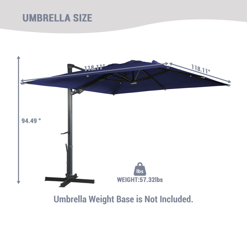 Parasol rectangulaire en porte-à-faux avec leviers à manivelle inclus 118,11 po x 118,11 po Slovin, Bleu marine