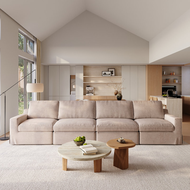 4 Piece Upholstered Slipcovered Linen Sectional Sofa, Khaki Linen