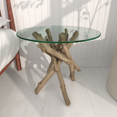 Brown Ivanelle Wood Handmade Tree Branch Side End Accent Table with Clear Glass Top