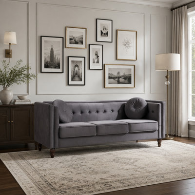 Canapé Chesterfield classique, canapé capitonné Modern Line avec accoudoirs carrés et pieds fuselés en bois, canapé rembourré en velours écrasé pour le salon