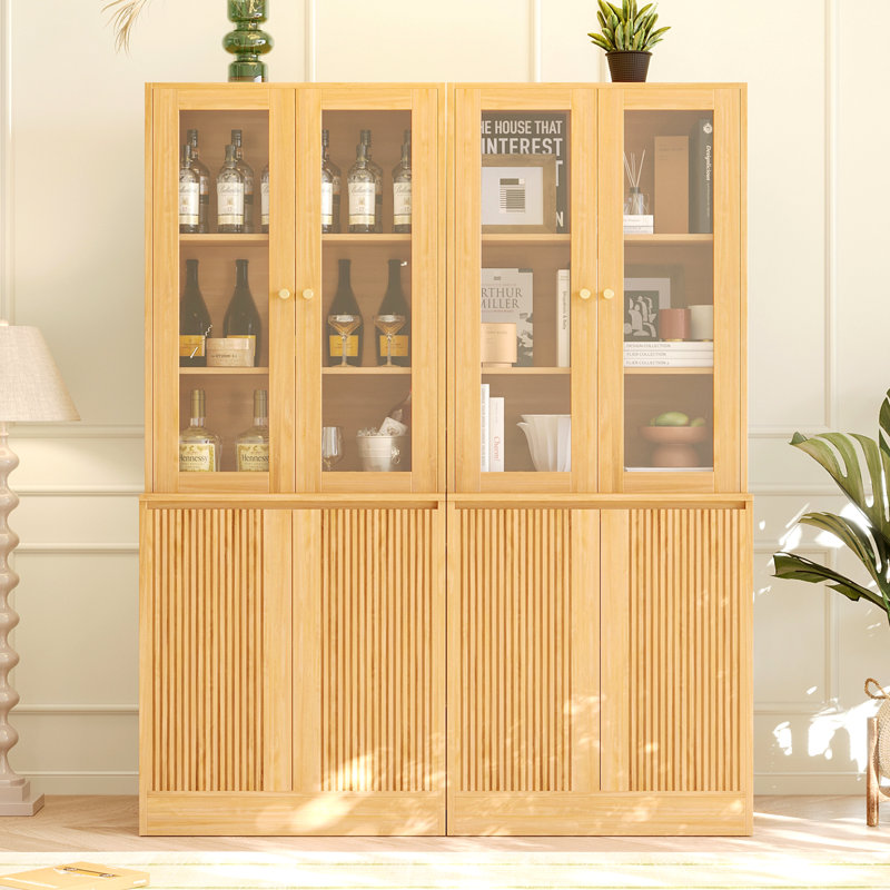 71” Wood Book Cabinet Storage Bookcase With 2 Tempered Glass Doors & 5 Tiers Shelves