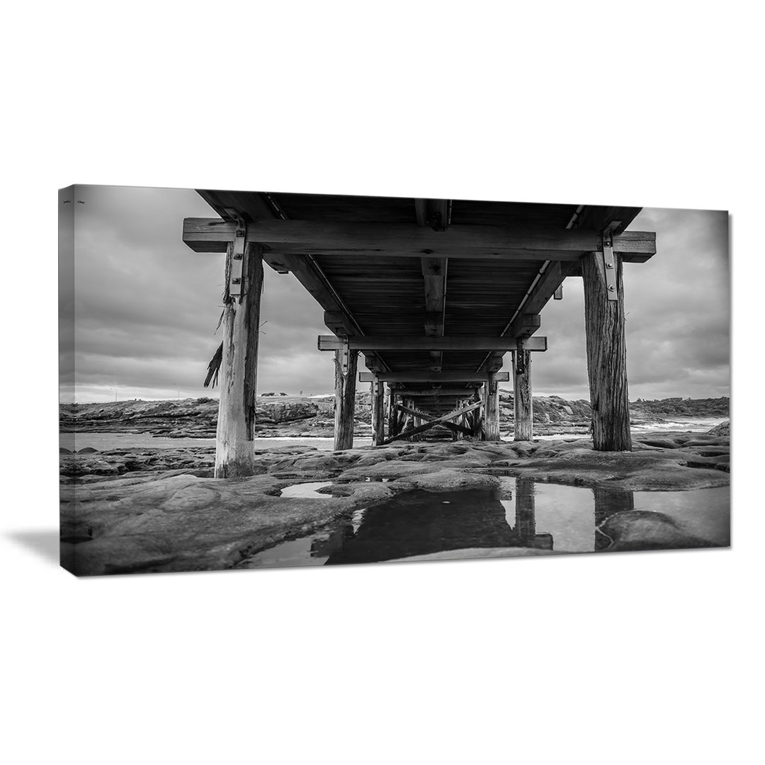 Black and White Large Wooden Bridge Sea Bridge Photographic Print on Wrapped Canvas Design Art 