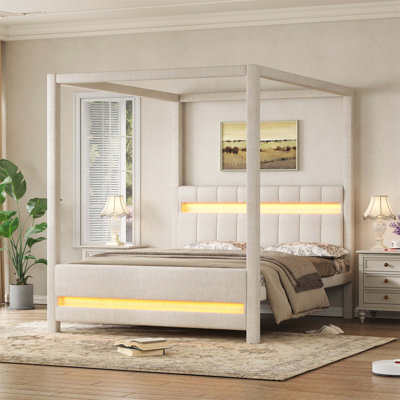 Grand lit plateforme à baldaquin avec lumières à DEL, tête de lit et lattes de bois robustes pour un confort et un style modernes (matelas non inclus)
