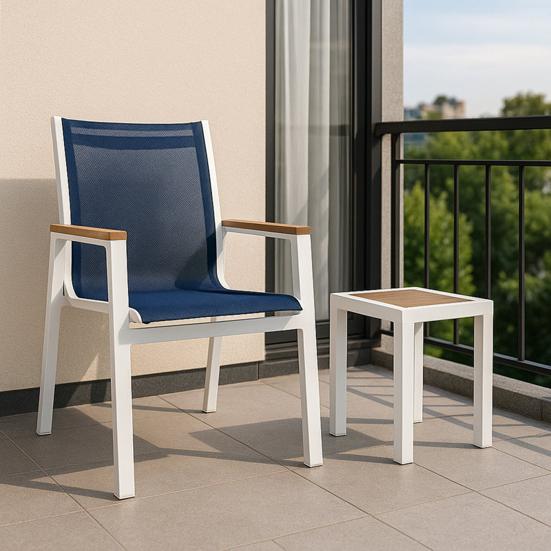 Fauteuil de patio empilable Lajoy, Brun, Blanc, Bleu marine
