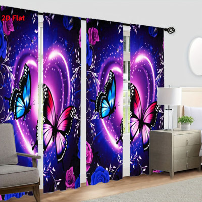 4 pièces de rideaux à motif de cœur papillon mauve romantique avec vignes florales, rideaux à passe-tringle, habillage de fenêtre d'impression numérique pour salon, chambre à coucher, cuisine, bureau, salle à manger, hôtel, décoration intérieure