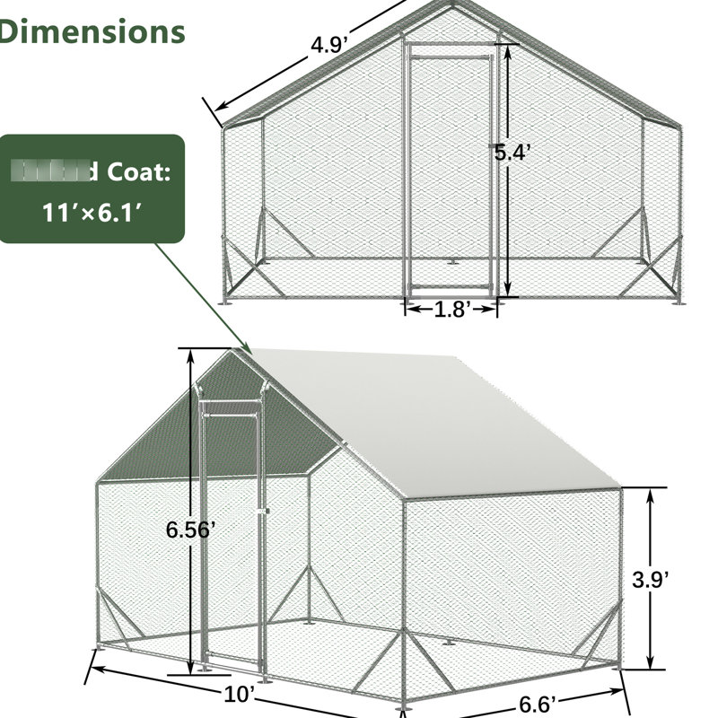 Poulailler en métal galvanisé - Walk-in avec housse imperméable et adaptée aux canards, aux lapins, aux poulets et aux poules de 10 pi x 6,6 po
