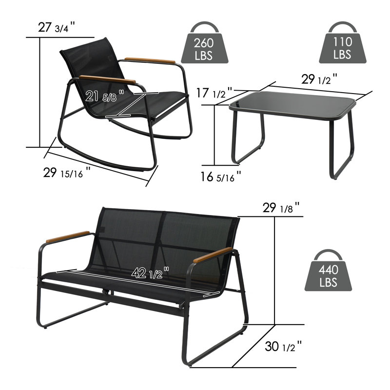 Kozyard 4-Piece Outdoor Patio Furniture Set with Textilene Chairs, Metal Conversation Set, Tempered Glass Coffee Table, Powder-Coated Steel Frame for Garden, Poolside, Backyard Black