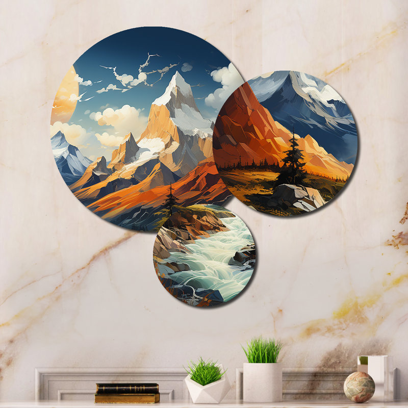 Yellow Teal Mountains Majestic Peaks Collage II - Landscapes Metal Wall Art Set