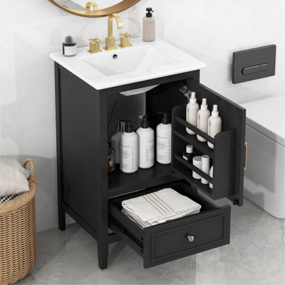 Meuble-lavabo de 20 po avec lavabo, armoire de salle de bain avec porte, tablette de porte et repose-pieds réglables, tiroir blanc