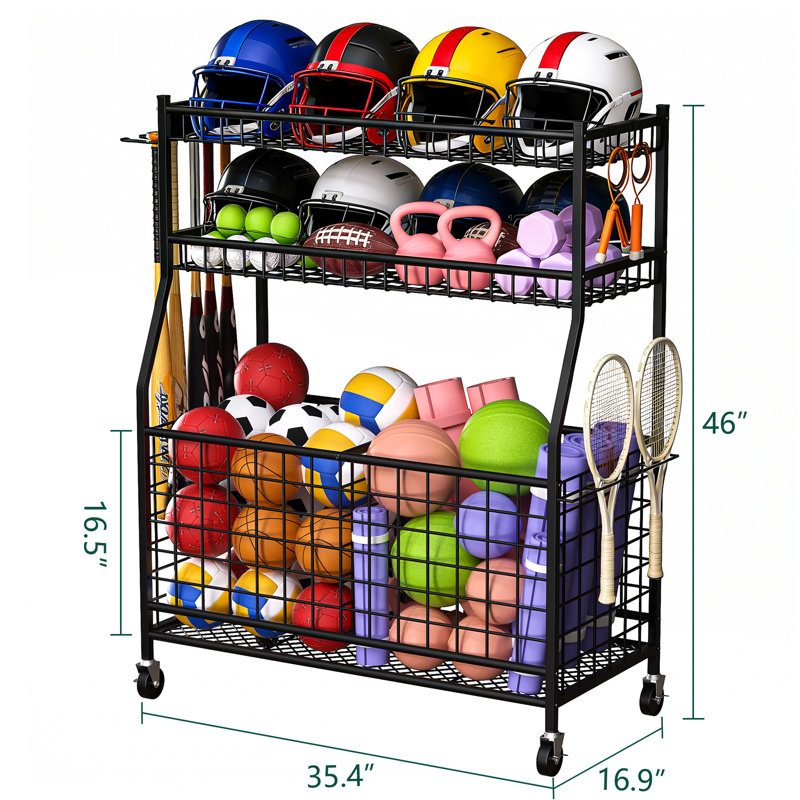 Chariot de rangement robuste pour équipement de sport à roulettes avec bacs et paniers
