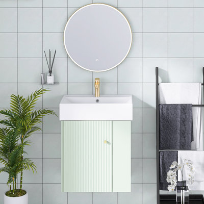 21,6 pouces Meuble-lavabo flottant moderne en bois avec lavabo en céramique |  Fixation murale | 1 porte à fermeture en douceur | Rangement à droite | Porte d'armoire à motif de vagues