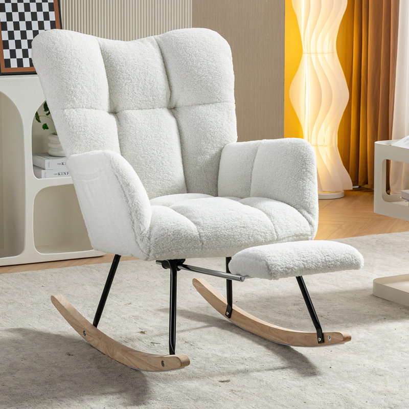 Chaise berçante en tissu avec repose-pieds Teddy, Ivoire ivoire