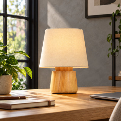 1-Light Dimmable Buffet Table Lamp Solid Rubber Wood Desk Lamp, Trapezoidal Linen Fabric Shade Bedside Light