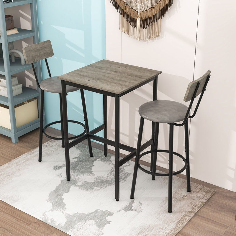 Ensemble de table de bar 3 pièces avec table carrée et 2 tabourets rembourrés, Gris, Gris