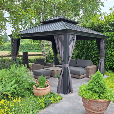 Pavillon de jardin permanent en aluminium 12 pi x 12 pi avec toit double en acier galvanisé pour terrasse et jardin, rideaux et filet inclus, gris