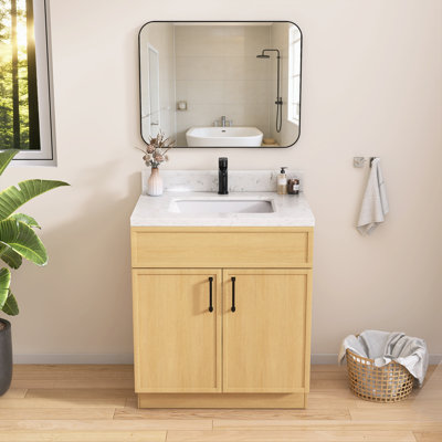 Armoire de salle de bain autoportante moderne en bois naturel sans trépied l 30 po x P 21,5 po x H 33,44 po H non assemblée avec poignée noir mat