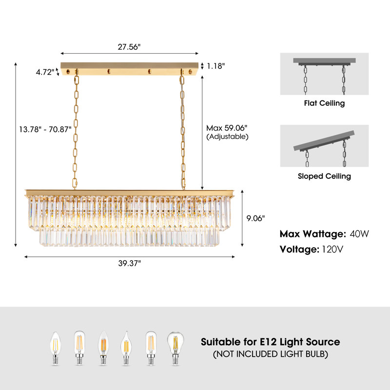 Dimmable Tiered Rectangle Chandelier With Crystal Accents, 10" H x 40" W x 10" D, Gold