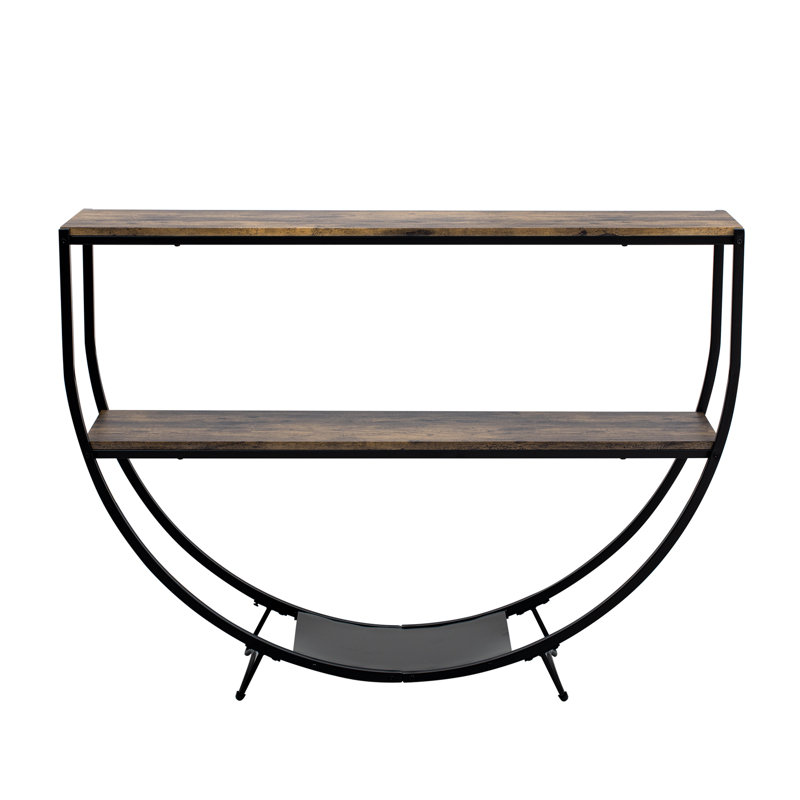 Rustic Industrial Design Demilune Shape Textured Metal Distressed Wood Console Table, Distressed Brown