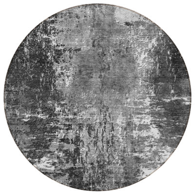 8' Gray Charcoal And Silver Round Abstract Washable Indoor Outdoor Area Rug