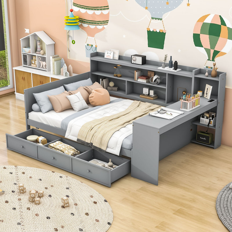 Lit de jour Assante avec bureau intégré et tiroirs de rangement intégrés, Gris, Double