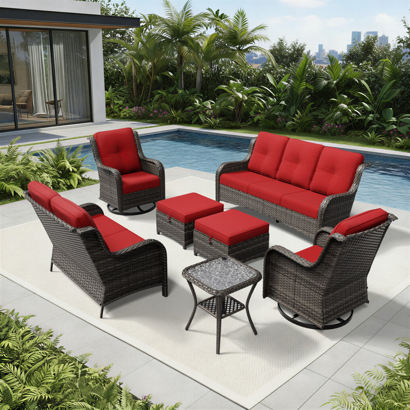 Ensemble de conversation de patio en osier 7 pièces avec fauteuil pivotant 360 ° et coussins capitonnés Holoman, Red