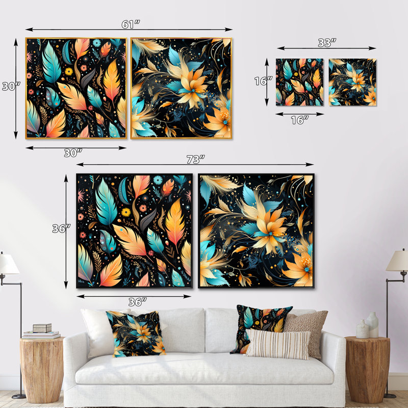 Eclectic Boho Feather Pattern - Abstract Botanicals Square Collage Set Of 2, Black Floater Framed, 16" H x 33" W