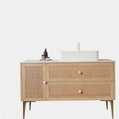 MUNIN 48" Bathroom Vanity with Sink, Freestanding Plywood Storage Cabinet with 4 Metal Legs, One Door and 2 Drawers, White Rectangular Ceramic Basin, NO Faucet, Pre-assembled, Oak Woodgrain Color