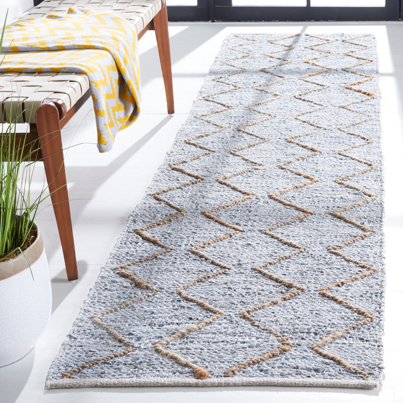 Imauri Vintage Leather Hand Woven Leather/Jute/Cotton Geometric Rug in Light Gray/Natural, Runner 2'3" x 9'