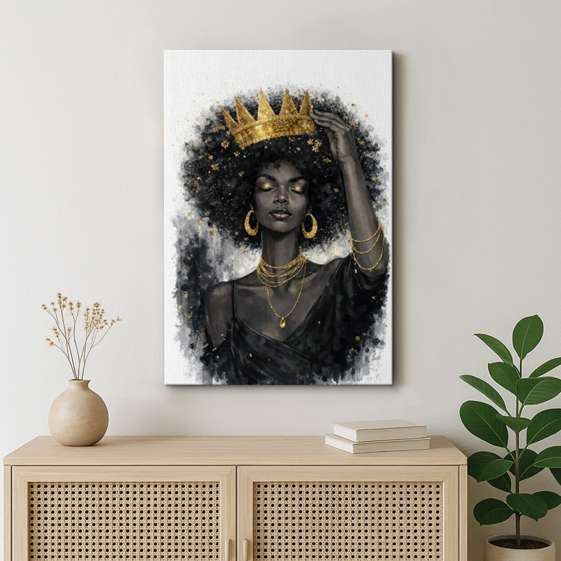Élégante reine afro avec couronne dorée, œuvres d'art pour chambre à coucher, impression sur toile encadrée, Toile tendue