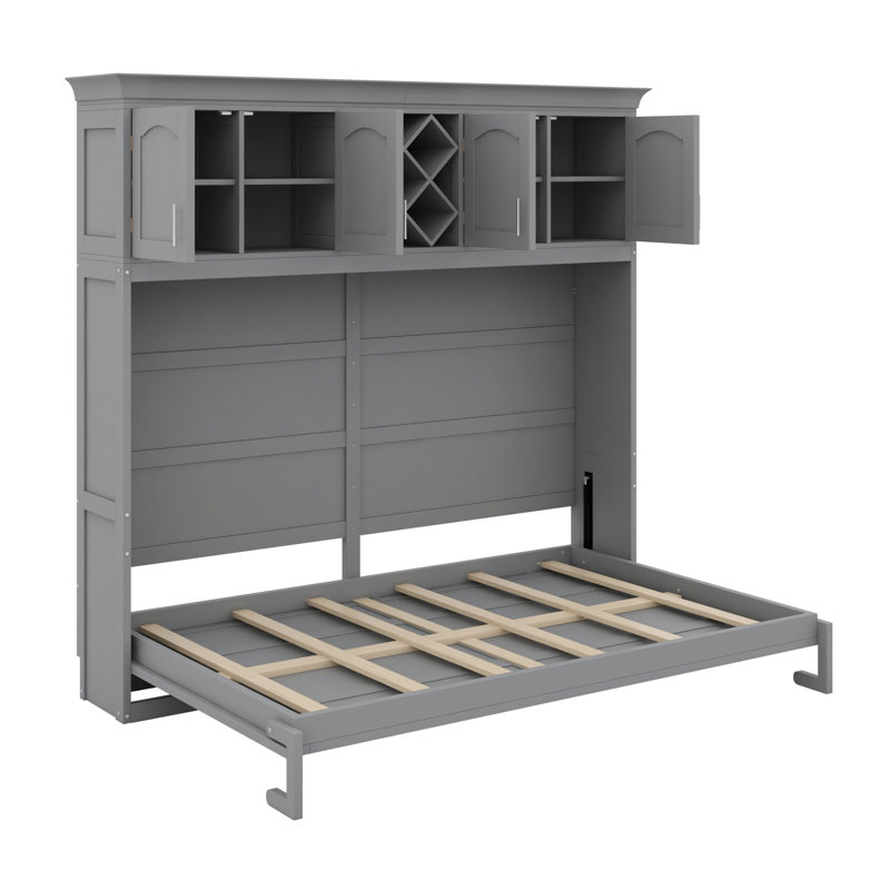 Lit escamotable avec armoires supérieures et support à vin intégré, Gris