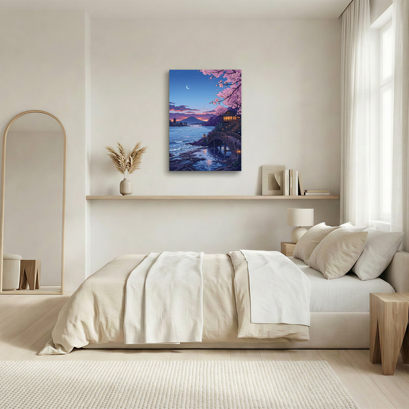 Art mural sur toile en forme de cerisier rose sur un pont en bois et une montagne, H 36 po x l 24 po