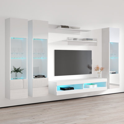 120" Modern Floating Wall Mounted Entertainment Center with 16-Color LED Lighting, High Gloss Finish