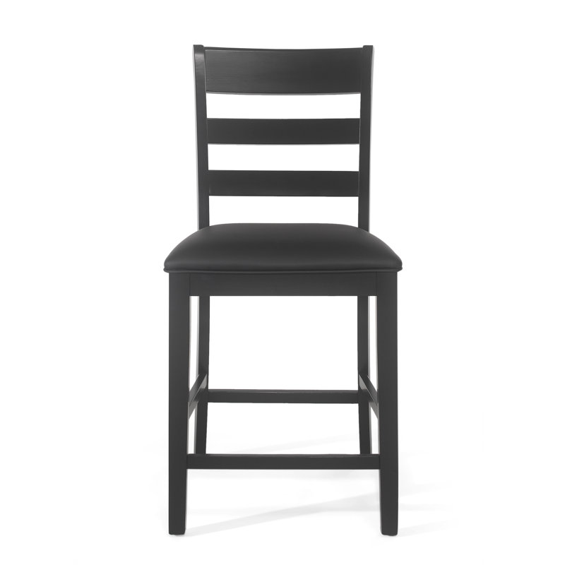 Paige 24''H Ladder Back Counter Stools (Set of 2) - Black Faux Leather & Rubberwood Farmhouse Bar Chairs, Black