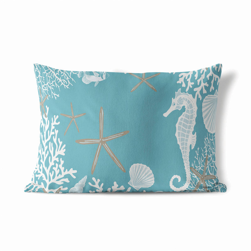 Coussin lombaire d'extérieur Coral & Seahorse, Bleu / blanc