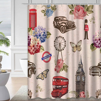 Waterproof Vintage London Travel BritVibe Shower Curtain with 12 Hooks
